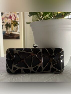 Olga Berg Black Satin & Pewter Geometric Cage Clutch Evening Bag Crossbody
